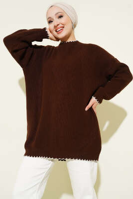 Pazarium - Çoban Dikiş Detaylı Triko Tunik Kahve