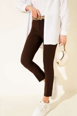 Yüksek Bel Kemerli Kahve Pantolon - Thumbnail