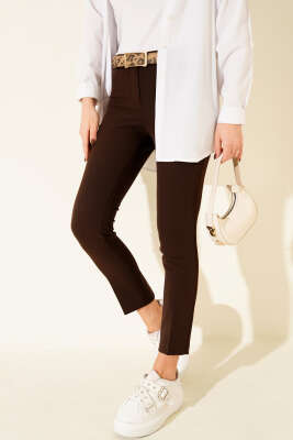 Yüksek Bel Kemerli Kahve Pantolon - Thumbnail