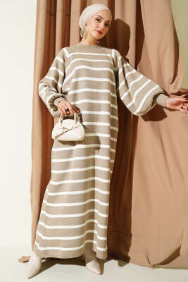 Pazarium - Yatay Çizgili Basic Triko Elbise Vizon