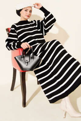 Pazarium - Yatay Çizgili Basic Triko Elbise Siyah