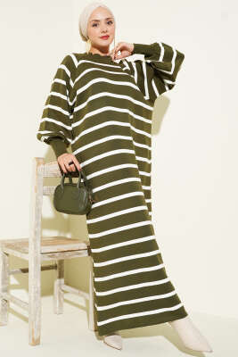 Pazarium - Yatay Çizgili Basic Triko Elbise Haki