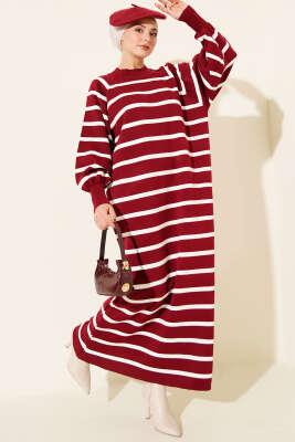 Pazarium - Yatay Çizgili Basic Triko Elbise Bordo