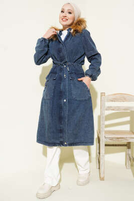 Bel Tünelli Kapüşonlu Kot Mont Mavi - Thumbnail