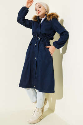 Pazarium - Bel Tünelli Kapüşonlu Kot Mont Lacivert