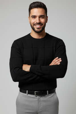 Pazarium - Bisiklet Yaka Kare Desenli Erkek Triko Kazak Siyah