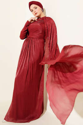 Pazarium - Omuz Pelerinli Taşlı Abiye Elbise Bordo