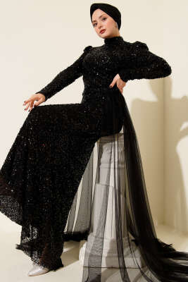 Pazarium - Tül Pelerinli Pul Payet Abiye Elbise Siyah