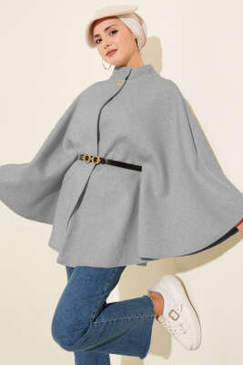 Pazarium - Tek Düğmeli Kemerli Kaşe Panço Gri