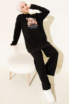 Pazarium - Ayıcık Baskılı Üç İplik İkili Takım Siyah