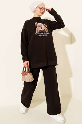 Pazarium - Ayıcık Baskılı Üç İplik İkili Takım Acı Kahve