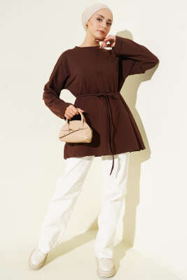 Dikiş Detaylı Duble Kol Tunik Kahve - Thumbnail