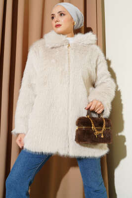 Fermuarlı Gömlek Yaka Kürk Mont Taş - Thumbnail