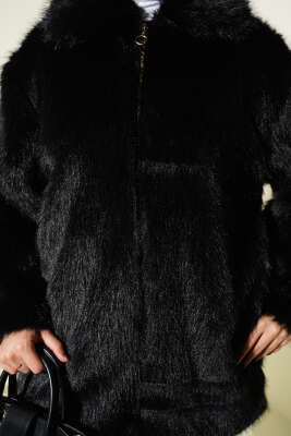 Fermuarlı Gömlek Yaka Kürk Mont Siyah - Thumbnail