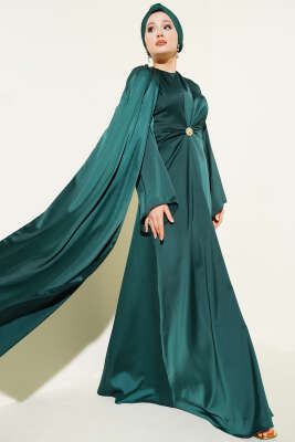 Pazarium - Bel Büzgü Detaylı Saten Abiye Elbise Zümrüt Yeşili