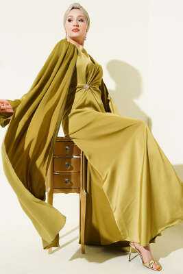 Pazarium - Bel Büzgü Detaylı Saten Abiye Elbise Yağ Yeşili