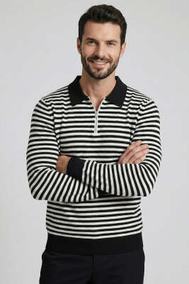 Pazarium - Polo Yaka Fermuarlı Erkek Sweatshirt Siyah