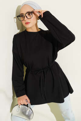Dikiş Detaylı Duble Kol Tunik Siyah - Thumbnail