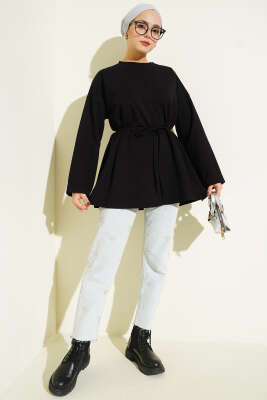 Dikiş Detaylı Duble Kol Tunik Siyah - Thumbnail