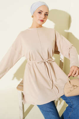 Pazarium - Dikiş Detaylı Duble Kol Tunik Bej
