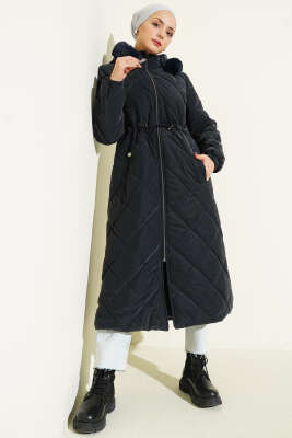 Pazarium - Bel Tünelli Fermuarlı Kapüşonlu Kapitone Mont Lacivert