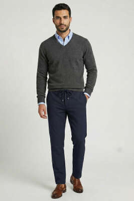 Gabardin Bağcıklı Jogger Pantolon Lacivert - Thumbnail