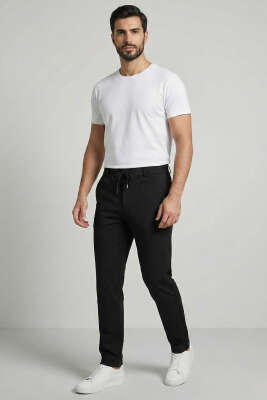 Gabardin Bağcıklı Jogger Pantolon Siyah - Thumbnail