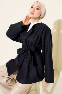 Pazarium - Kruvaze Yaka Kuşaklı Kaşe Ceket Lacivert