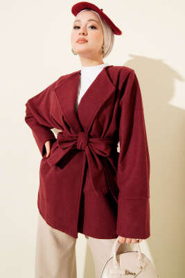 Pazarium - Kruvaze Yaka Kuşaklı Kaşe Ceket Bordo
