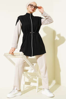 Pazarium - Fermuarlı Yelekli Loyşa Üçlü Takım Siyah