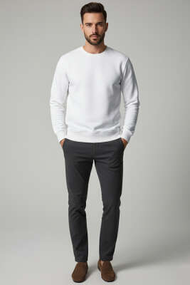 Bisiklet Yaka Selanik Erkek Sweatshirt Ekru - Thumbnail