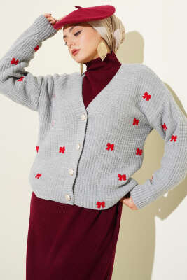 Pazarium - Kurdele Süslemeli Triko Hırka Gri