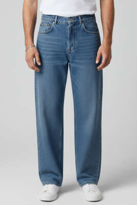 Pazarium - Regular Fit Erkek Kot Pantolon Mavi