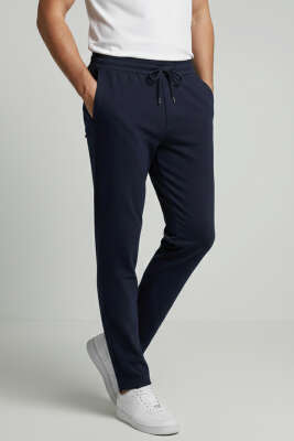 Pazarium - Beli Lastikli Bağlamalı Erkek Pantolon Lacivert