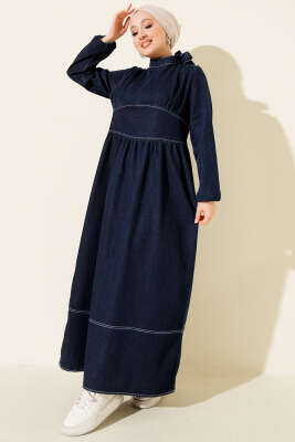 Pazarium - Boyun Bağlamalı Kot Elbise Lacivert