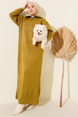 Pazarium - Yakası Yarım Fermuarlı Triko Elbise Yağ Yeşili