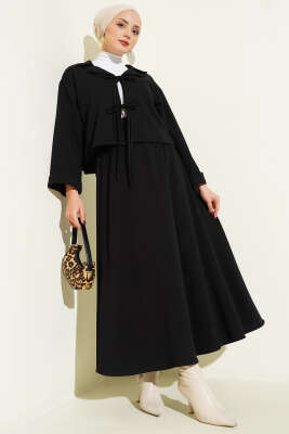 Pazarium - Önü Bağcık Detaylı Etekli İkili Takım Siyah