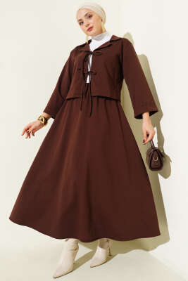 Pazarium - Önü Bağcık Detaylı Etekli İkili Takım Kahve