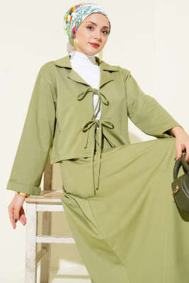 Pazarium - Önü Bağcık Detaylı Etekli İkili Takım Çağla Yeşili