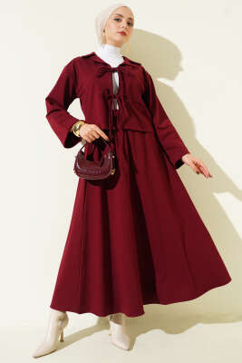 Pazarium - Önü Bağcık Detaylı Etekli İkili Takım Bordo