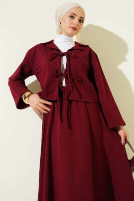 Önü Bağcık Detaylı Etekli İkili Takım Bordo - Thumbnail