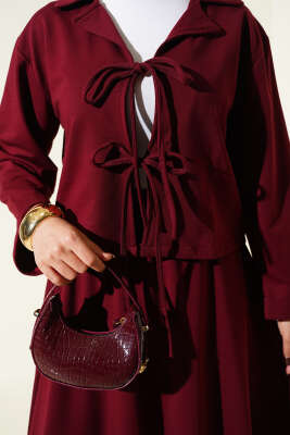 Önü Bağcık Detaylı Etekli İkili Takım Bordo - Thumbnail