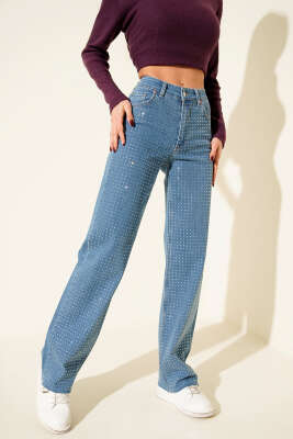 Pazarium - Kesik Geniş Paça Taşlı Kot Pantolon Açık Mavi