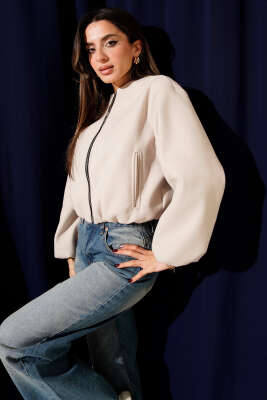 Pazarium - Cepli Fermuarlı Kısa Kaşe Ceket Taş