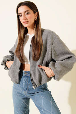 Cepli Fermuarlı Kısa Kaşe Ceket Gri - Thumbnail