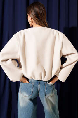 Cepli Fermuarlı Kısa Kaşe Ceket Taş - Thumbnail