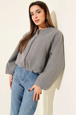 Cepli Fermuarlı Kısa Kaşe Ceket Gri - Thumbnail