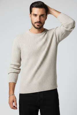 Pazarium - Dikey Çizgi Fitilli Erkek Triko Kazak Taş