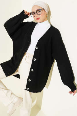 Pazarium - Sarmal Desen Detaylı Triko Hırka Siyah