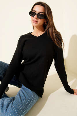 Pazarium - V Yaka Fitilli Kaşe Bluz Siyah